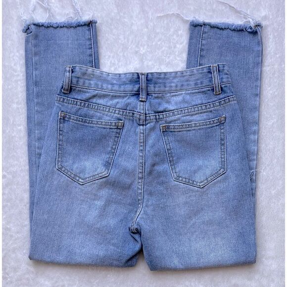 MOMOKROM High Waisted Distressed Raw Hem Mom Jean in Light Wash, Size 4 - Picture 16 of 16